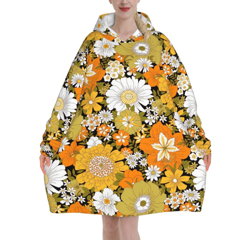 Sherpa Hoodie Fleece - Hippie fleur florale rétro couverture à